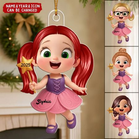 Cartoon-Fee-Kind-Weihnachtsbaumschmuck aus Acryl, personalisiert, schönes Geschenk für Enkelkinder
